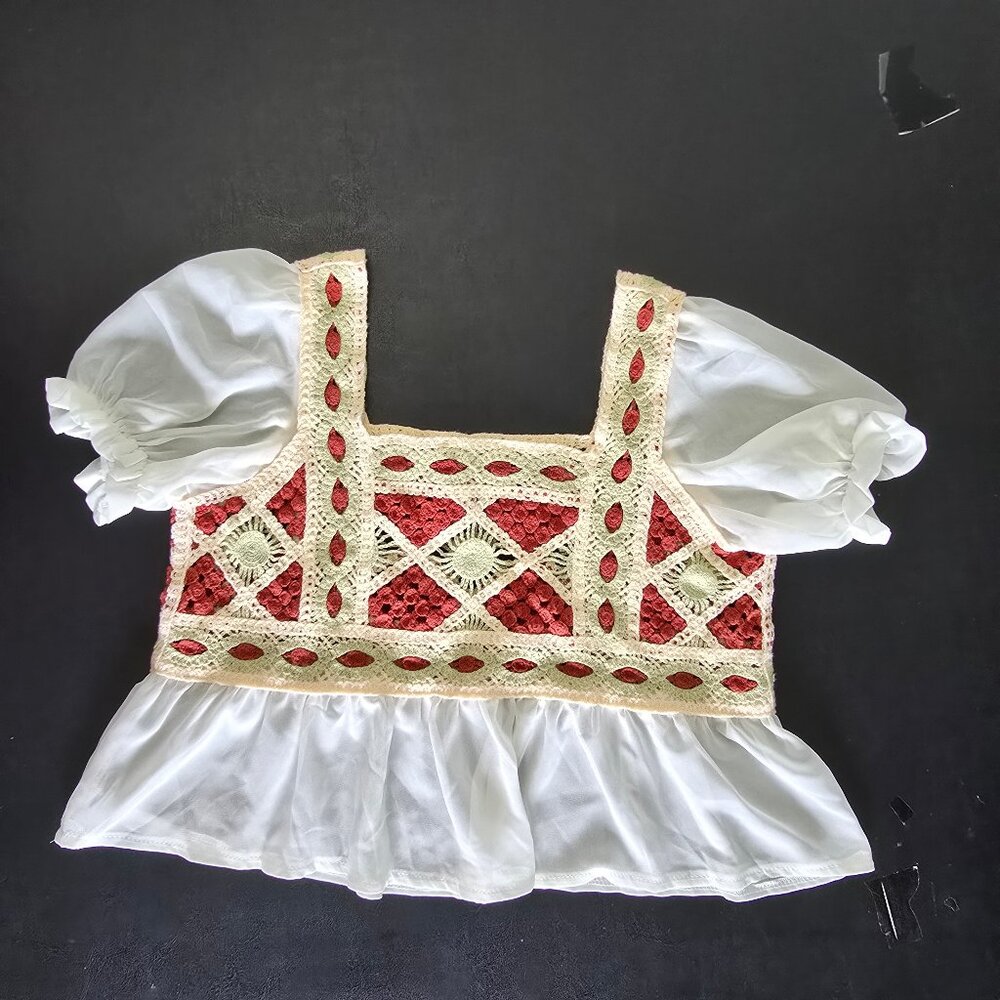 Rebellion Again Boho Crochet Sheer Ruffle Cropped Top, Ivory, Medium